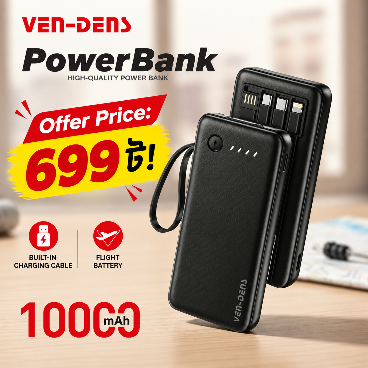 VEN-DENS VD-PB058 10000mAh Power Bank with Built-in Charging Cables – 18W Fast Charging