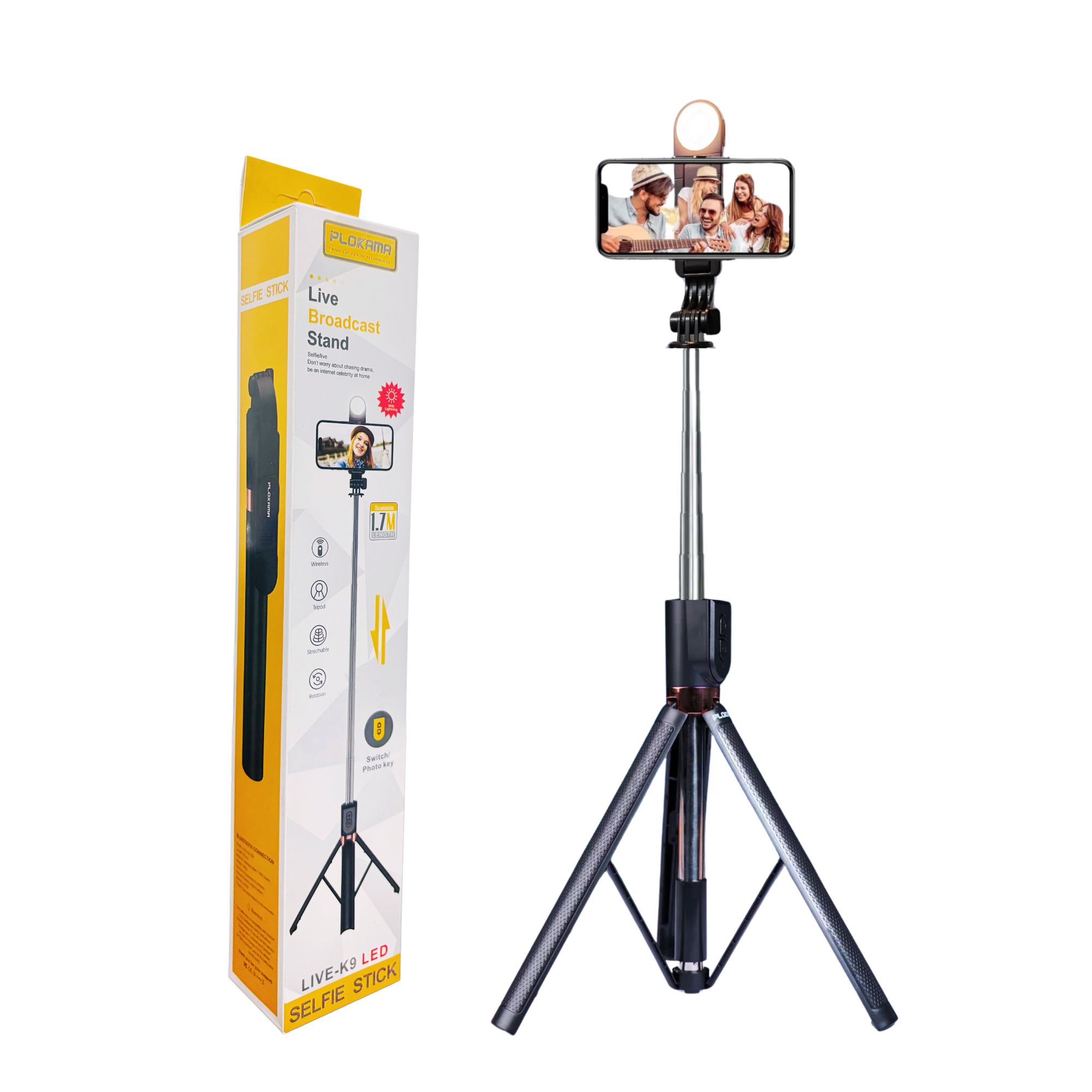 LIVE-K9 5.7 Feet LED Selfie Stick Tripod with Bluetooth Remote & 360° Rotation